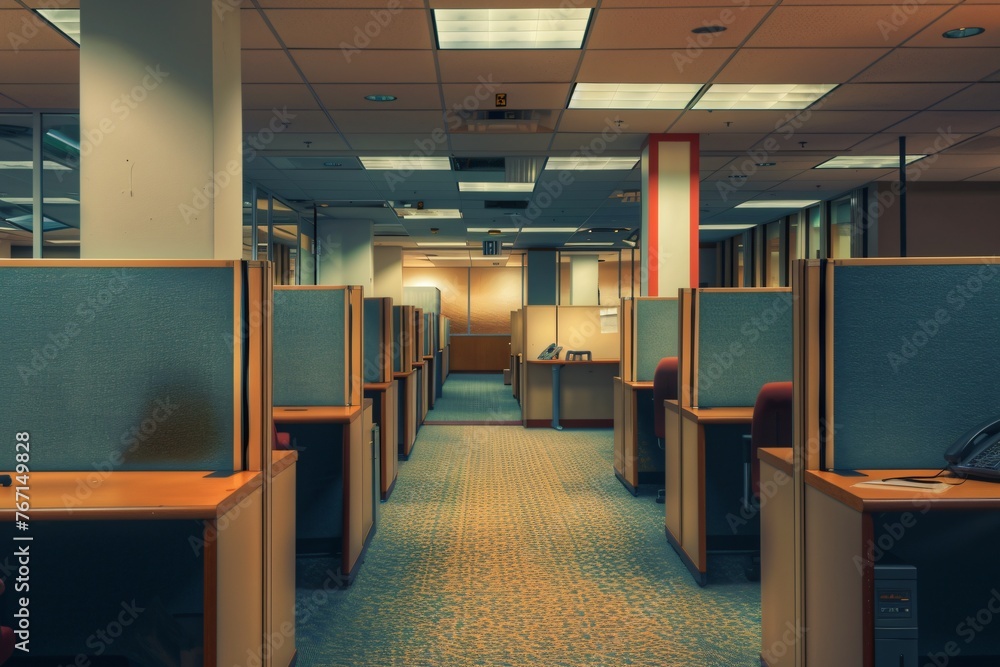 A series of office cubicles suddenly empty as the last workday ends signaling freedom