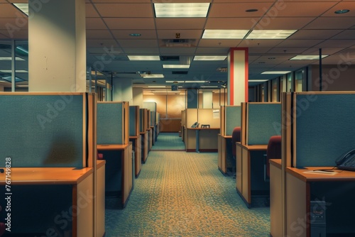 A series of office cubicles suddenly empty as the last workday ends signaling freedom photo
