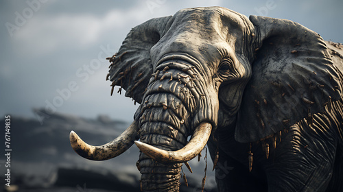 A close-up of a wise old elephant  its weathered skin showcasing the tales of its long journey.