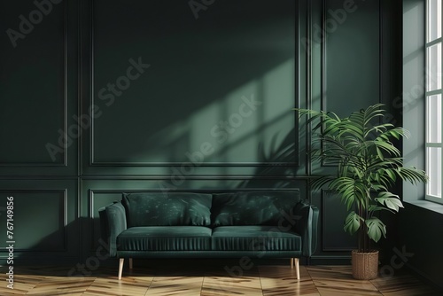 Dark green living room interior, mockup background with empty wall, 3D rendering photo