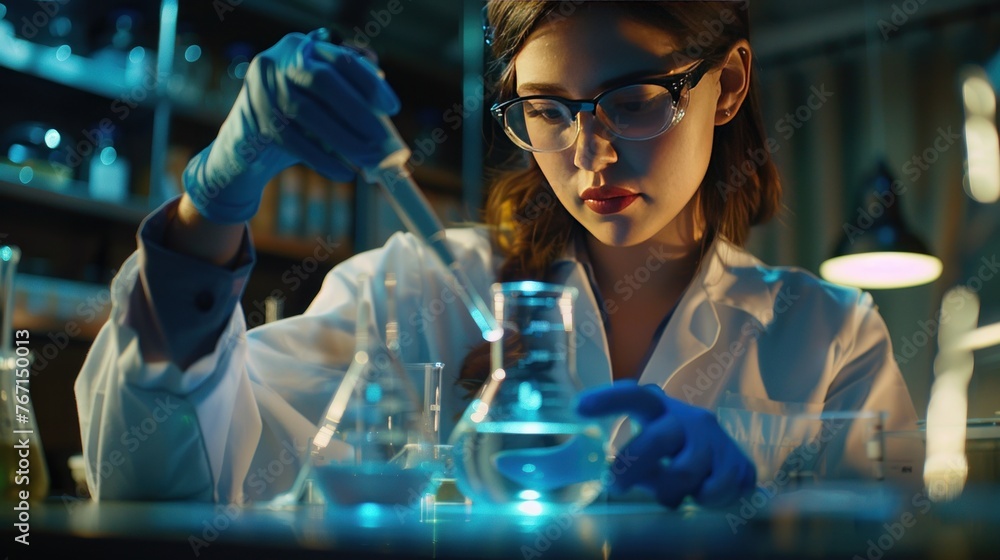 Biologist, chemist, medicine, pours liquid from beaker into test tube in laboratory Biologist, chemist, medicine, pours liquid from beaker into test tube in laboratory