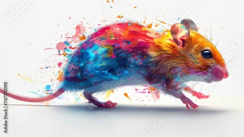  a colorful rat on a white background with paint splattered all over it's body and back legs.