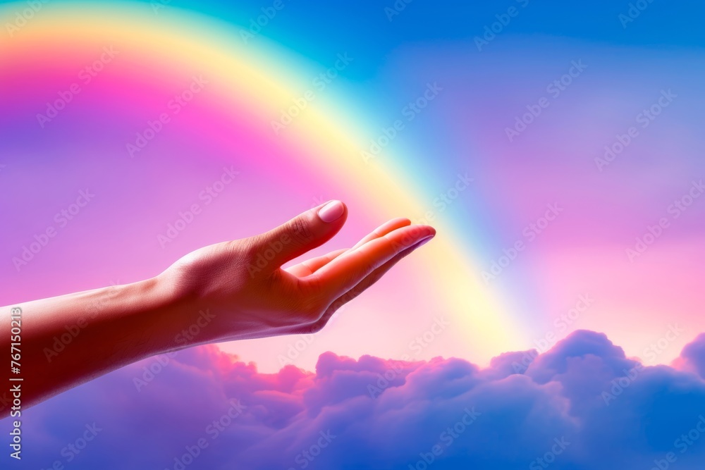 A hand reaching out towards a colorful rainbow hyper realistic A hand reaching out towards a colorful rainbow hyper realistic
