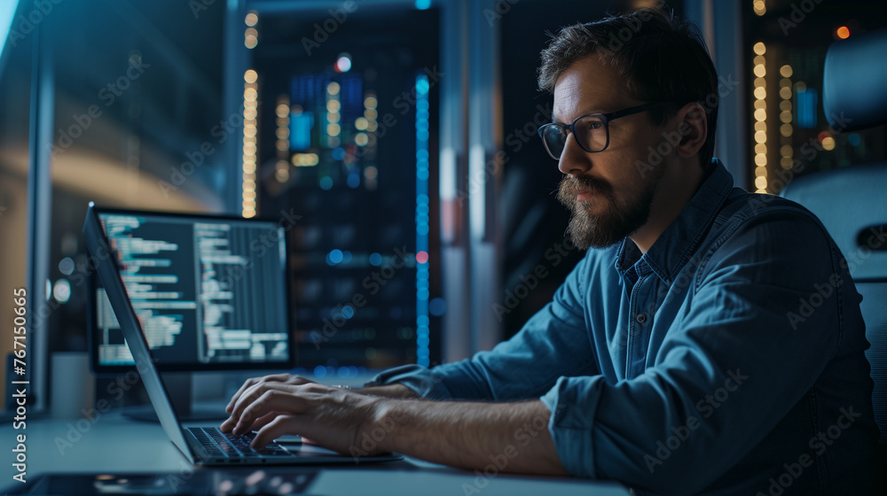 male software engineer sitting in modern office working on laptop, person wearing glasses working in tech company male software engineer sitting in modern office working on laptop, person wearing glasses working in tech company