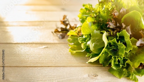 fresh green lettuce salad mix on light wooden background with copy space