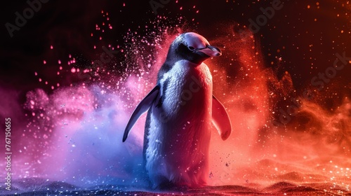  a black and white penguin standing in front of a red and blue cloud of colored smoke and water on a black background.