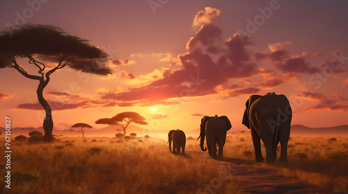 A family of elephants gracefully trekking across the vast Serengeti plains at sunset.