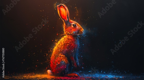  a painting of a rabbit sitting in the water with splashes of paint on it's body and head.