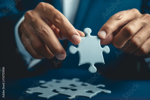 Close-up of Businessman's Hand Holding a Single Puzzle Piece on Blue Background photo