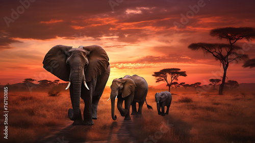 A family of elephants gracefully trekking across the vast Serengeti plains at sunset. © Ansar