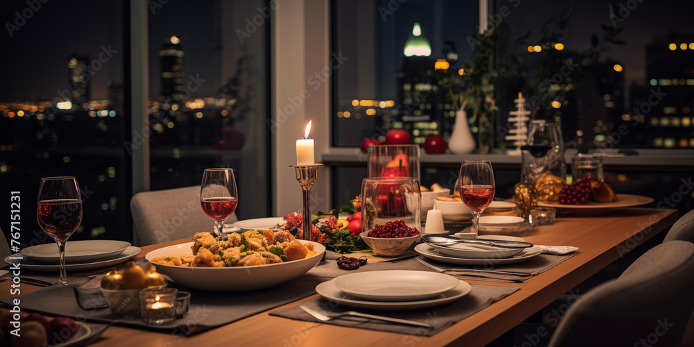 Christmas dinner on kitchen. Christmas decorations background. Happy New Year! Christmas greeting card. Winter card template. Xmas concept. Holiday Banner. Christmas tableware. Christmas dinner on kitchen. Christmas decorations background. Happy New Year! Christmas greeting card. Winter card template. Xmas concept. Holiday Banner. Christmas tableware.