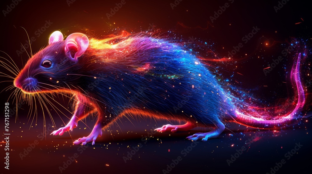  a colorful rat sitting on top of a black floor next to a red, yellow, and blue ball of fire.