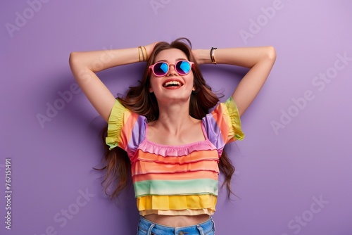 Photo of glad positive irish woman wear stylish clothes two arms touch head wow summer sale isolated on purple color background