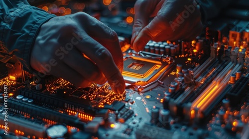 Technician's hands using screwdriver to assemble motherboard, laptop computer maintenance hardware.
