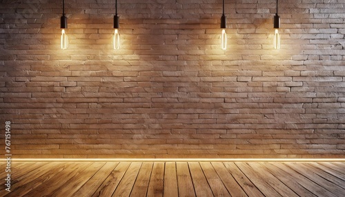 empty wooden background with brick wall and neon lights brick walls neon signs and lamps