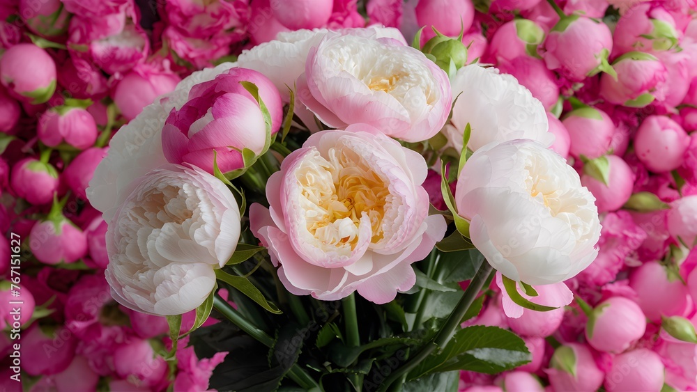 Close up bouquet of vintage peony roses against pink flowers backdrop