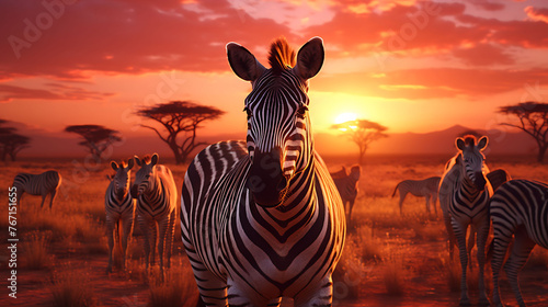 A group of African zebras grazing on the savannah with the sun setting in the background.