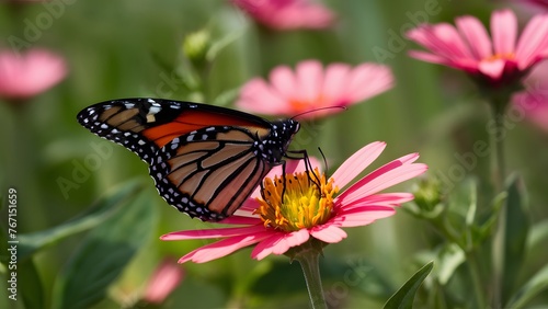Close up frontal focus of monarch butterfly on pink flower © Muhammad Ishaq