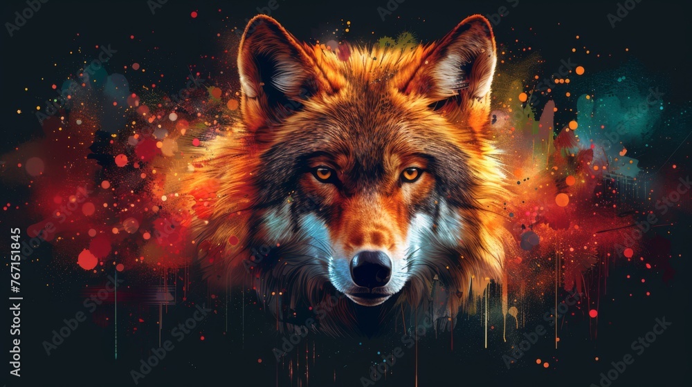  a close up of a wolf's face with red and blue paint splattered on it's face.