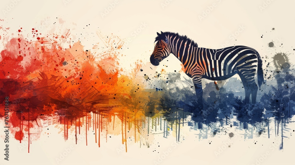 Fototapeta premium a painting of a zebra standing in front of a red, orange, and blue paint splattered background.