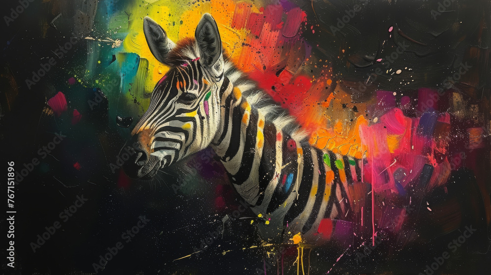 Fototapeta premium a painting of a zebra standing in front of a multicolored background with paint splattered on it.