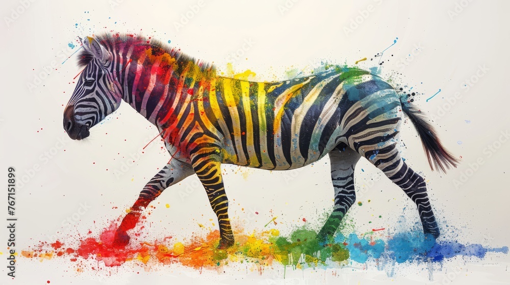 Fototapeta premium a painting of a zebra with colorful paint splatters all over it's body and tail, walking in front of a white background.