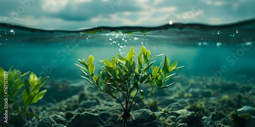 Underwater plants capture carbon emissions contributing to oceanic ecosystem health and carbon sequestration. Concept Oceanic Carbon Sequestration, Underwater Plant Life, Ecosystem Health photo