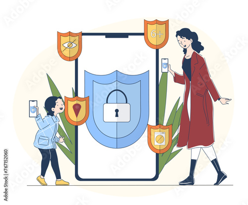 Parental control software simple. Woman with girl near smartphone screen. Safety for kids. Protection with login and password. Doodle flat vector illustration isolated on white background