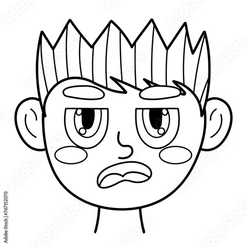 Jealous boy face. Little angry kid clipart. Envy emotion. Rage emotional expression head close-up. Feeling concept vector illustration