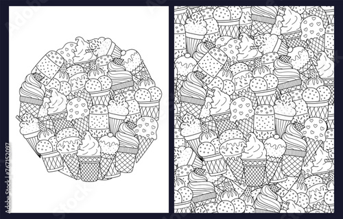 Doodle ice cream coloring pages set. Black and white summer templates for coloring in US Letter format. Outline background. Vector illustration