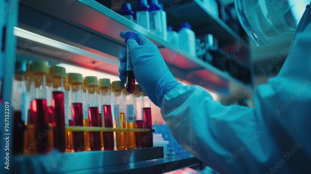 Doctor's hands taking blood sample tube from shelf with analyzer in lab Doctor's hands taking blood sample tube from shelf with analyzer in lab