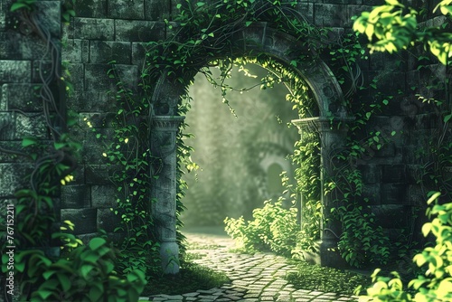 Enchanted stone archway covered in creeping vines  portal to fantasy realm  digital 3D illustration
