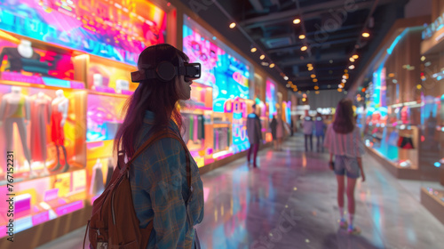 A young female consumer using virtual reality headset in a vibrant, neon-lit electronics store, exploring digital worlds.