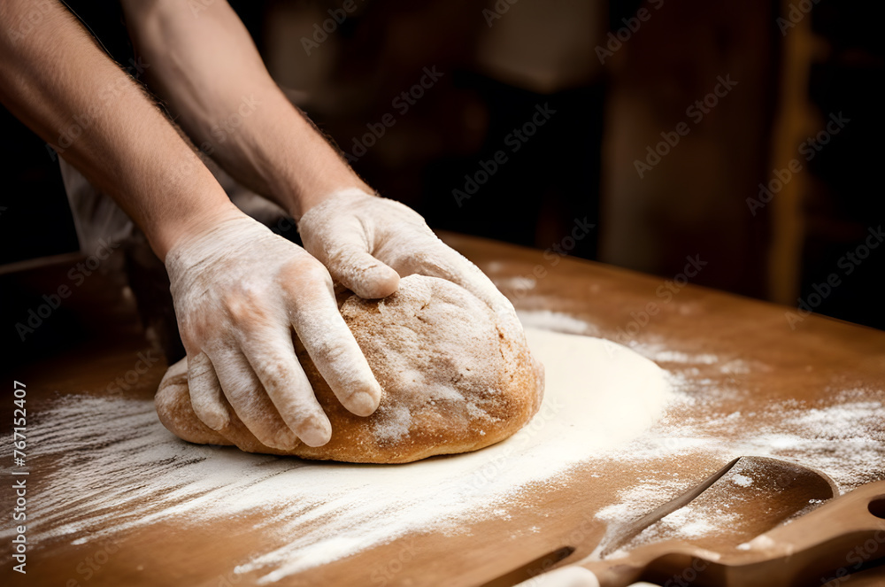 A man is holding fresh rye wheat loaf of bread on a cotton towel. Closeup on dark background