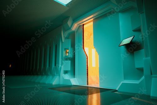 Futuristic Turquoise Corridor Leading to a Vibrant Orange Portal Doorway