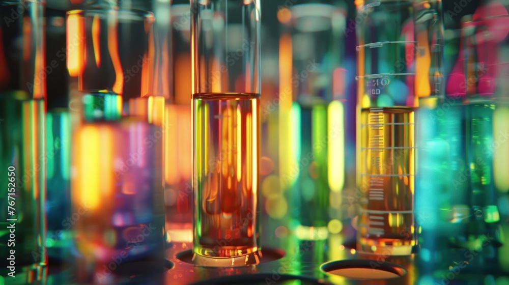 Chemist is preparing colorful test tubes on table with many chemical and chemical structure formulas in science lab. Chemist is preparing colorful test tubes on table with many chemical and chemical structure formulas in science lab.