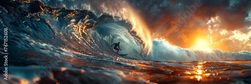 Conquering the surf: skilled surfer braves massive wave peaks photo
