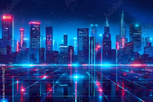 Futuristic Neon City Skyline at Night - Cyberpunk Sci-Fi Metropolis Landscape Illustration © furyon