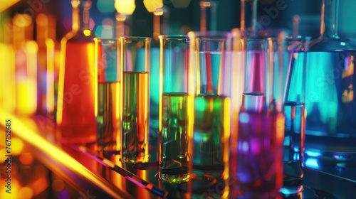 Chemist is preparing colorful test tubes on table with many chemical and chemical structure formulas in science lab.