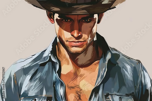 Handsome muscular young cowboy with open shirt, serious mysterious expression portrait illustration