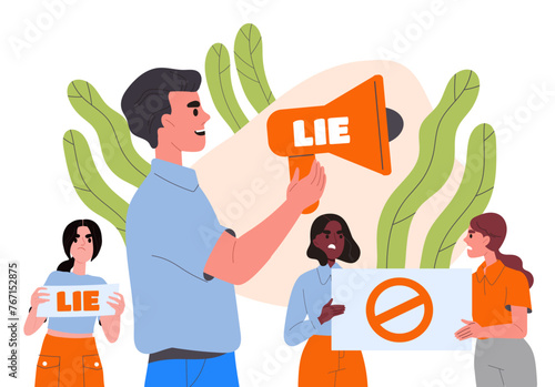 People protesting concept. Man with loudspeaker and people with placard. Political rally and protest. Freedom of speech and choice. Cartoon flat vector illustration isolated on white background © Rudzhan