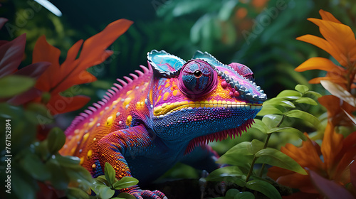 A mesmerizing close-up of a vibrant chameleon blending seamlessly into its lush surroundings.