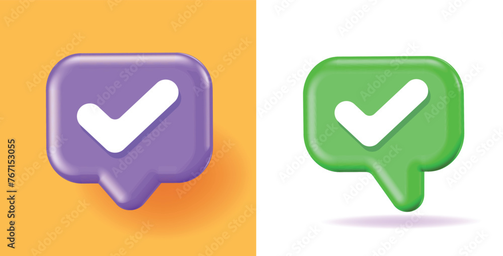 Check mark tick icon 3d vector chat bubble graphic, valid checkmark note message green purple yellow illustration set, correct accept choose render image clipart Check mark tick icon 3d vector chat bubble graphic, valid checkmark note message green purple yellow illustration set, correct accept choose render image clipart