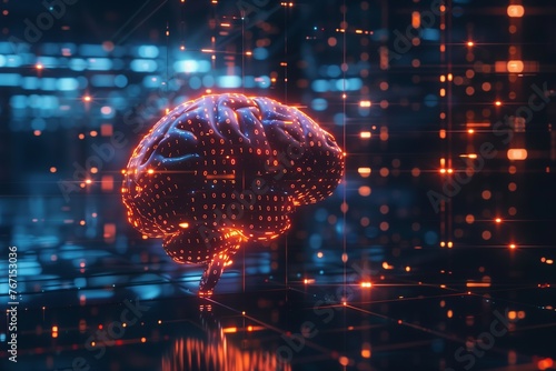 Human brain with neuron synapses  neural networks  and binary code  concept of artificial intelligence  AI  machine learning  and technological advancement. 
