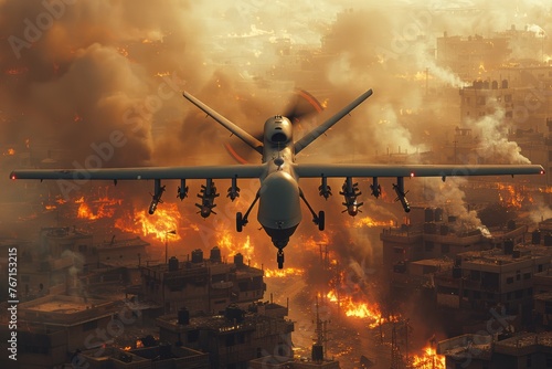 Military drone surveillance above a burning urban landscape