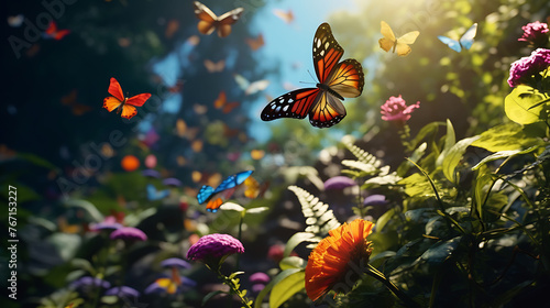 A mesmerizing shot of a butterfly garden with a variety of colorful butterflies in flight. © Ansar