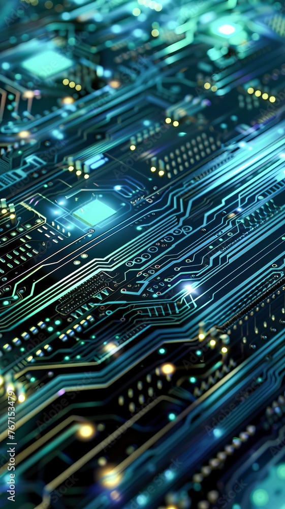 Futuristic PCB design with glowing microchips ideal for high tech backgrounds Futuristic PCB design with glowing microchips ideal for high tech backgrounds
