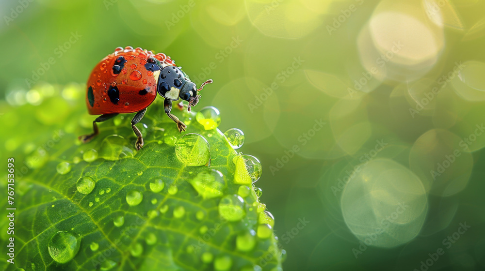 Macro shot of a vivid red ladybug on a green leaf with sparkling morning dew. Macro shot of a vivid red ladybug on a green leaf with sparkling morning dew.