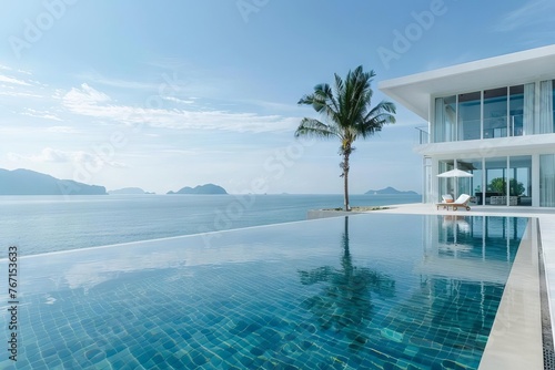 Luxury modern white beach hotel with infinity pool and sea view