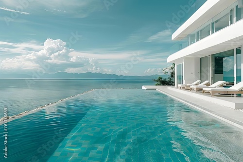 Luxury modern white beach hotel with infinity pool and sea view
